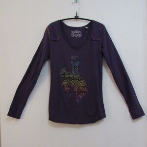 Purple long sleeved tee with cowboy design and decorative stitching